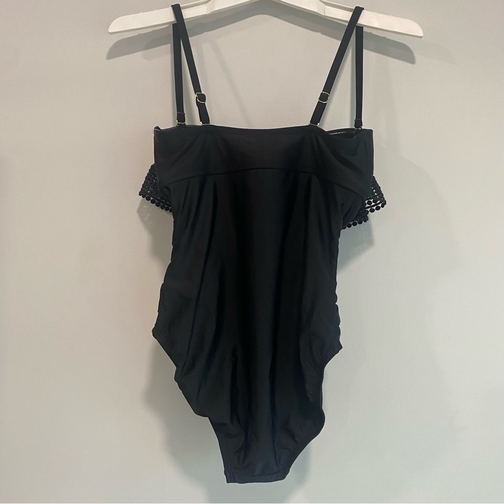 Women's Crochet Flounce High Coverage One Piece Swimsuit Kona Sol Black Size S - Picture 4 of 9